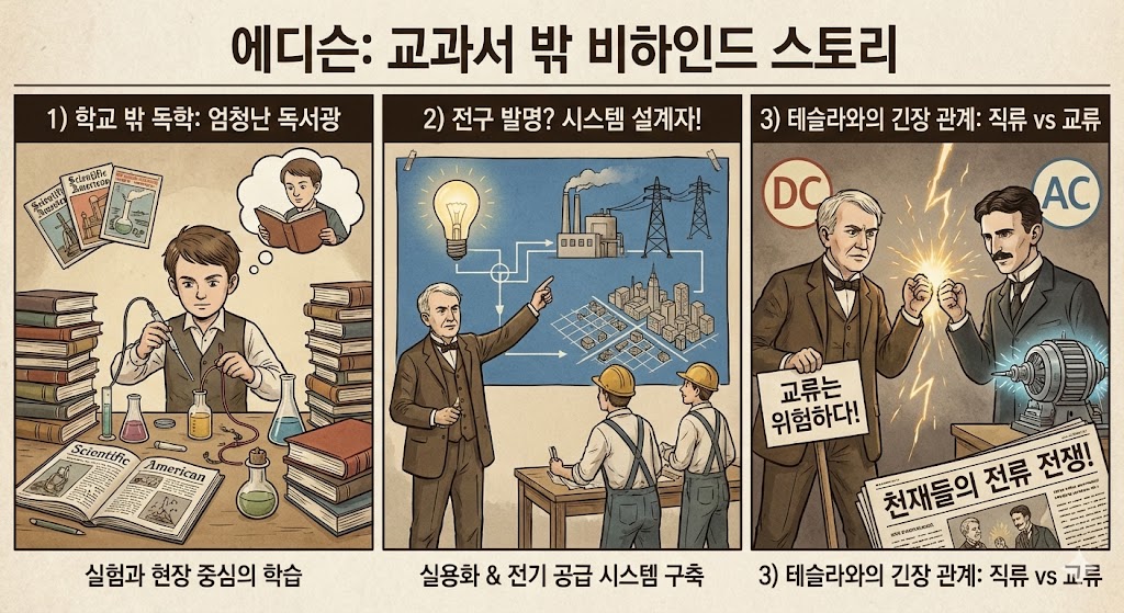 책과 실험기구에 둘러싸여 있는 어린 에디슨. 백열전구와 공장, 송전소 이미지. 테슬라와 대립하고 있는 에디슨과 신문 이미지.