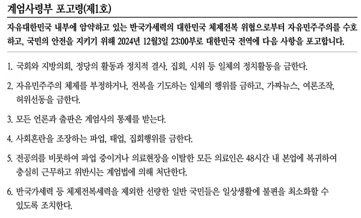 비상계엄령 선포와 그 이후 상황