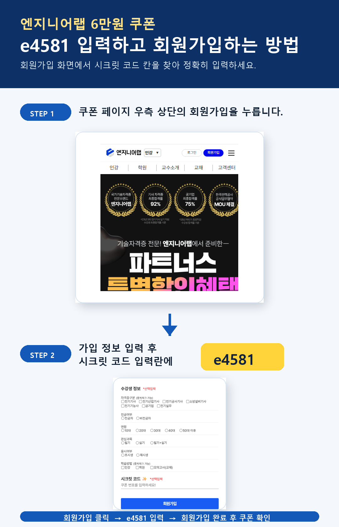 엔지니어랩 회원가입 후 시크릿코드 e4581 입력 단계 안내