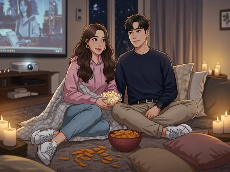 담요를 덮고 거실에서 영화를 보는 커플의 로맨틱한 홈 시네마 장면을 코믹북 스타일로 표현