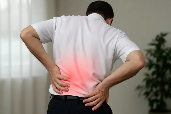 허리 통증으로 허리 짚는 남성
