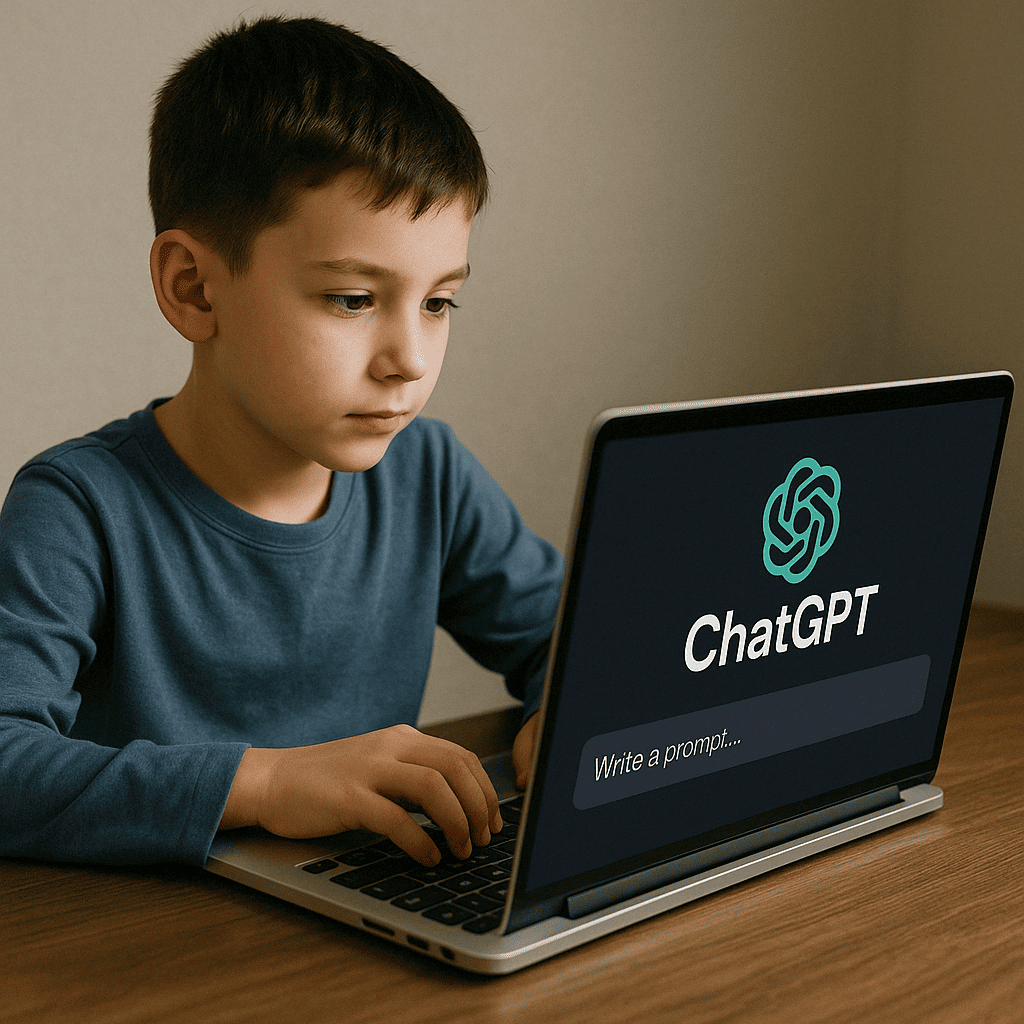 노트북에서 챗GPT 프롬프트를 입력하는 소년