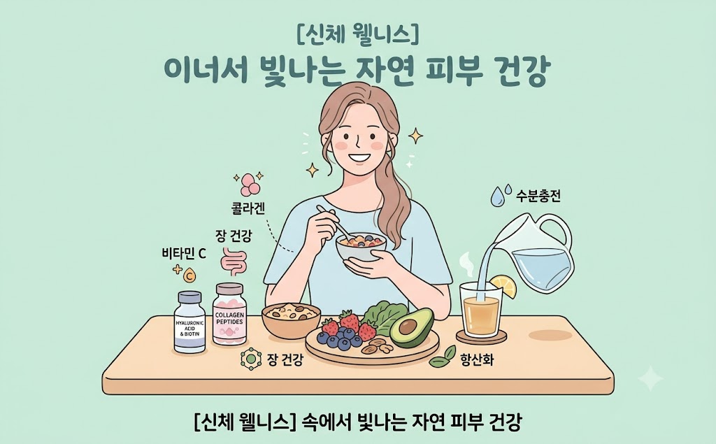 건강한 식단과 과일, 영양제 등 이너뷰티를 상징하는 요소들이 배치된 파스텔톤의 인포그래픽