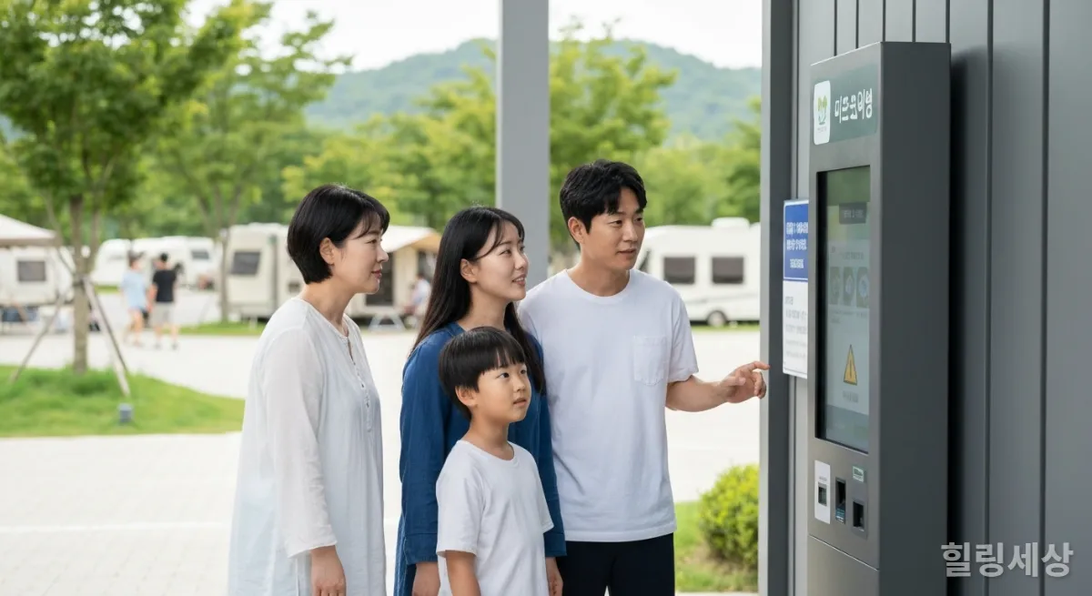 캠핑장 입구에서 디지털 안내판을 확인하는 한국인 가족