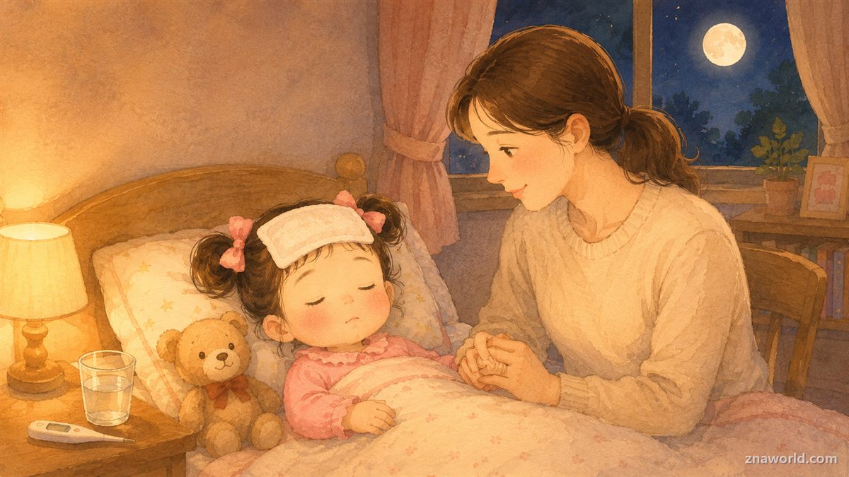 명절 새벽 이마에 물수건을 얹고 잠든 아이를 엄마가 간호하는 일러스트