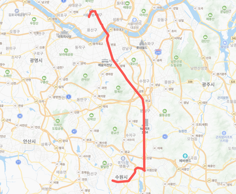 서울-수원-P9110(출근)번-버스-노선-지도