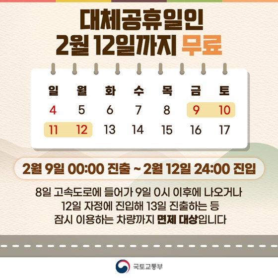 설날 연휴 톨게이트 통행료 면제 기간