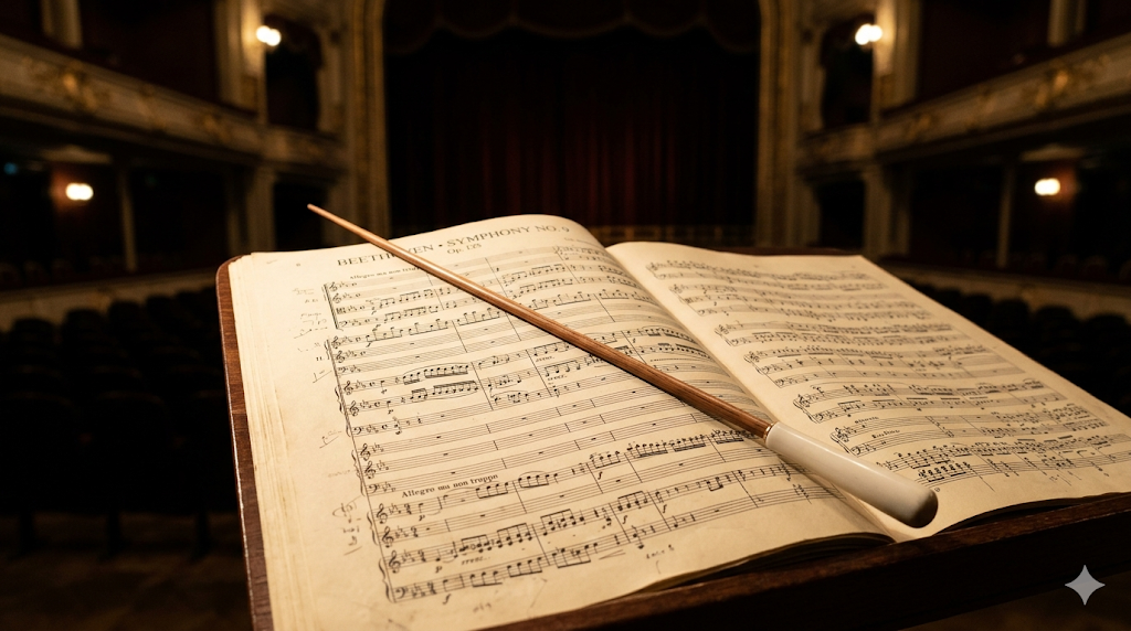 악보 위에 놓인 지휘봉