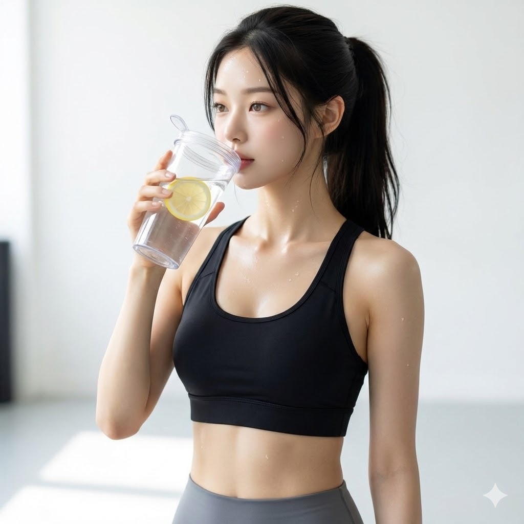 레몬물을 섭취하고 있는 다이어트 하는 여성 사진