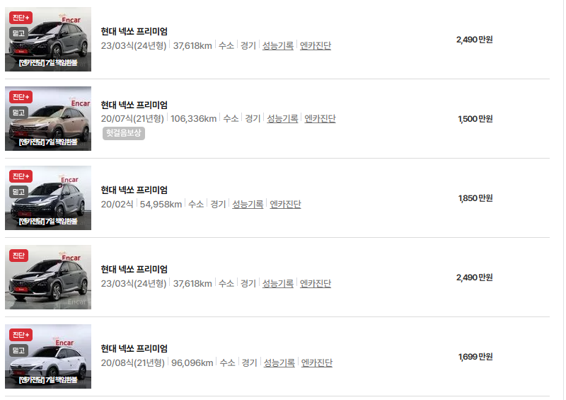 현대 넥쏘&nbsp;중고차 가격 시세표 유지비