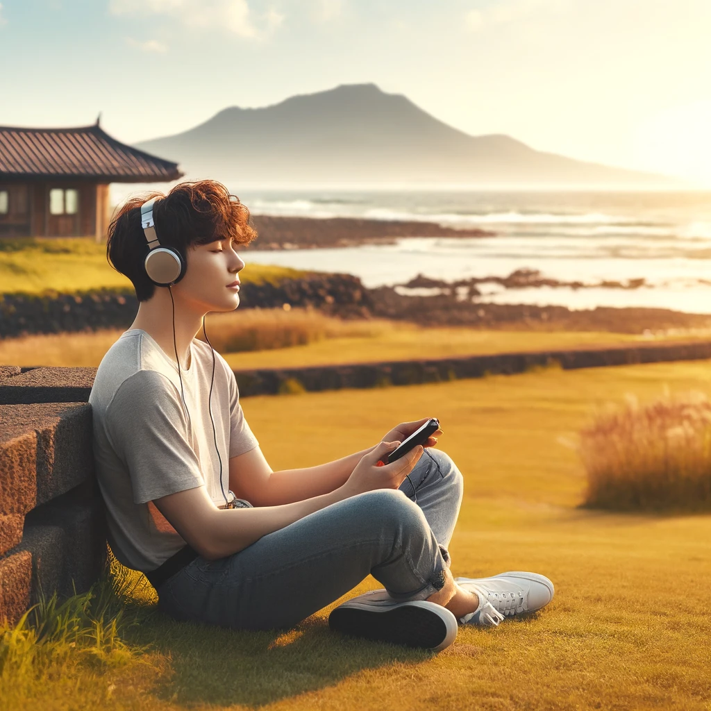 음악 듣고 있는 사진