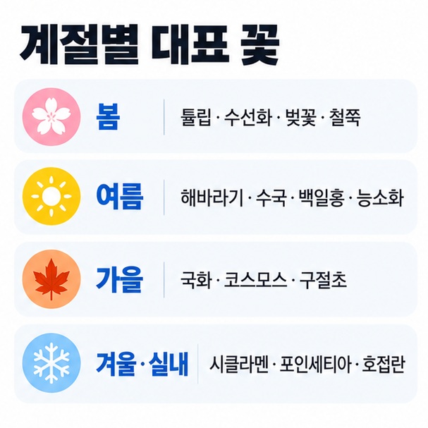 봄 여름 가을 겨울과 실내에서 대표적으로 볼 수 있는 꽃 종류를 계절별로 비교한 이미지