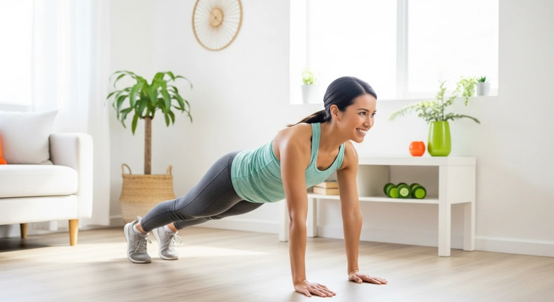 깔끔한 거실에서 미소를 띠며 맨몸운동을 하는 활기찬 사람의 모습. 홈트레이닝으로 건강한 일상을 시작하는 운동 초보자의 건강한 이미지를 표현합니다.