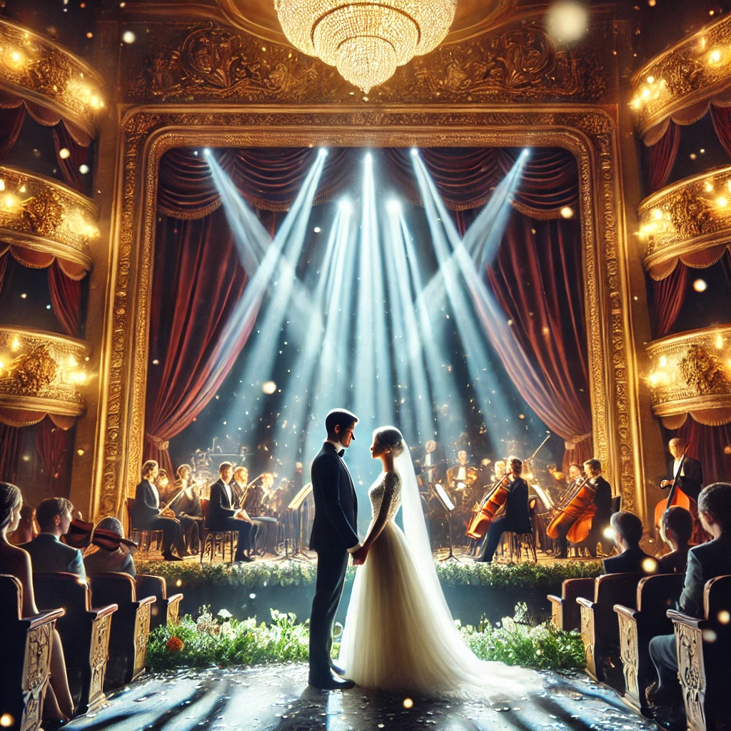 고급스러운 웨딩홀에서 오케스트라, 뮤지컬 배우에게 축하 받는 부부