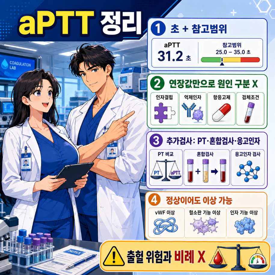 aPTT 검사 핵심 내용을 정리하고 결과 해석과 추가 검사를 요약한 메디컬 인포그래픽