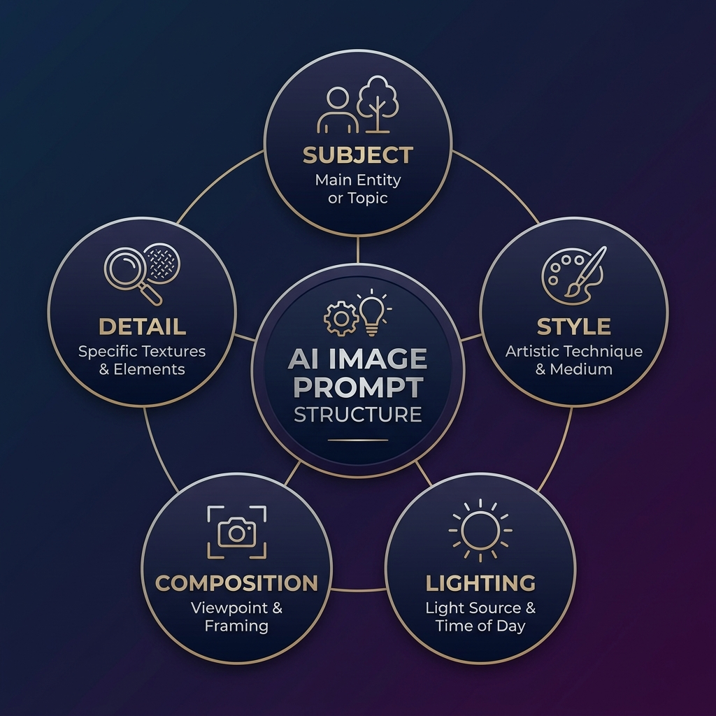 AI 이미지 프롬프트 구조 다이어그램, 주제 스타일 조명 구도 디테일 구성 설명