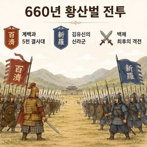 660년 황산벌에서 계백이 이끄는 백제군과 김유신의 신라군이 맞섰던 역사적 상황을 표현한 이미지