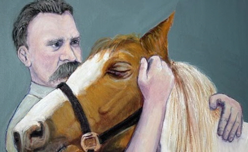 프리드리히 니체가 갈색 말의 머리를 끌어안고 있는 그림. 말에게 연민과 애정을 표현하는 장면으로, 니체의 마지막 정신적 몰락과 관련된 상징적인 장면이다.