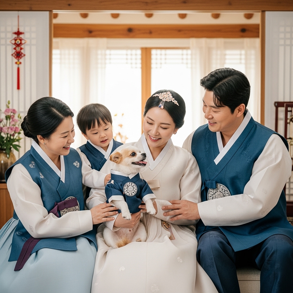 2026년 설날, 현대적인 한복을 입은 가족이 편안한 자세로 클래식 블루 한복을 입은 귀여운 강아지를 안고 다정하게 웃고 있는 모습, 전통적인 한옥 배경, 따뜻한 설날 분위기