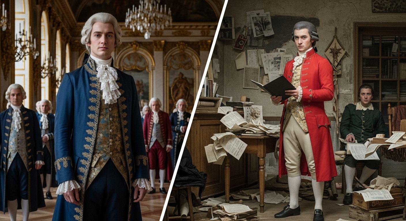 성공적인 궁정 생활 속 고뇌하는 살리에리와 가난 속에서도 음악에 몰두하는 모차르트의 대비되는 모습. 두 인물의 엇갈린 인생을 상징.