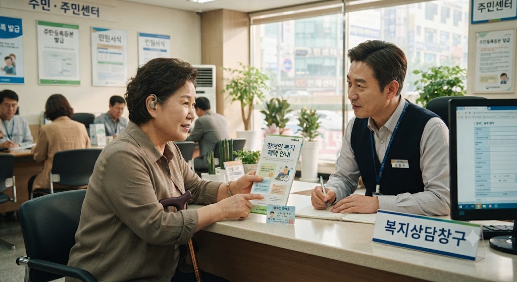 청각장애를 가지고 있는 중년이 주민센터에서 상담하는 모습