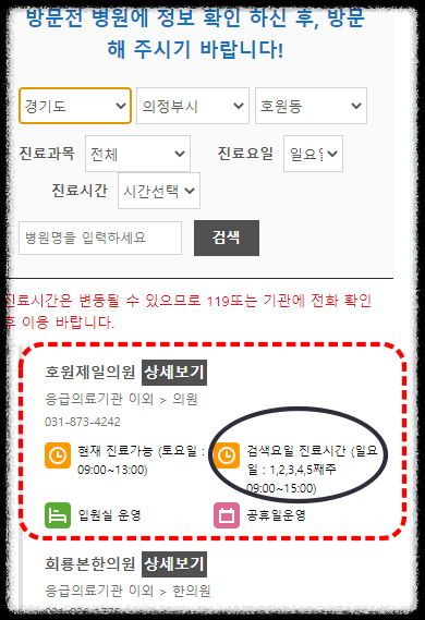 일요일 진료 병원 검색 결과