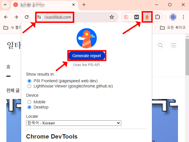 Generate report를 클릭해서 Lighthouse를 실행