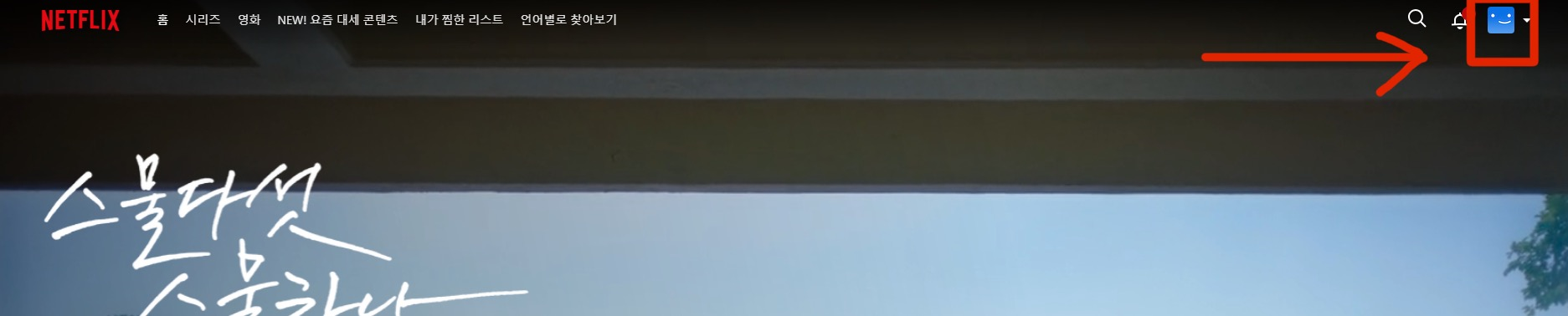 넷플릭스 홈페이지에서 로그인 후, 오른쪽 상단에 위치한 '내 프로필' 아이콘을 눌러줍니다.