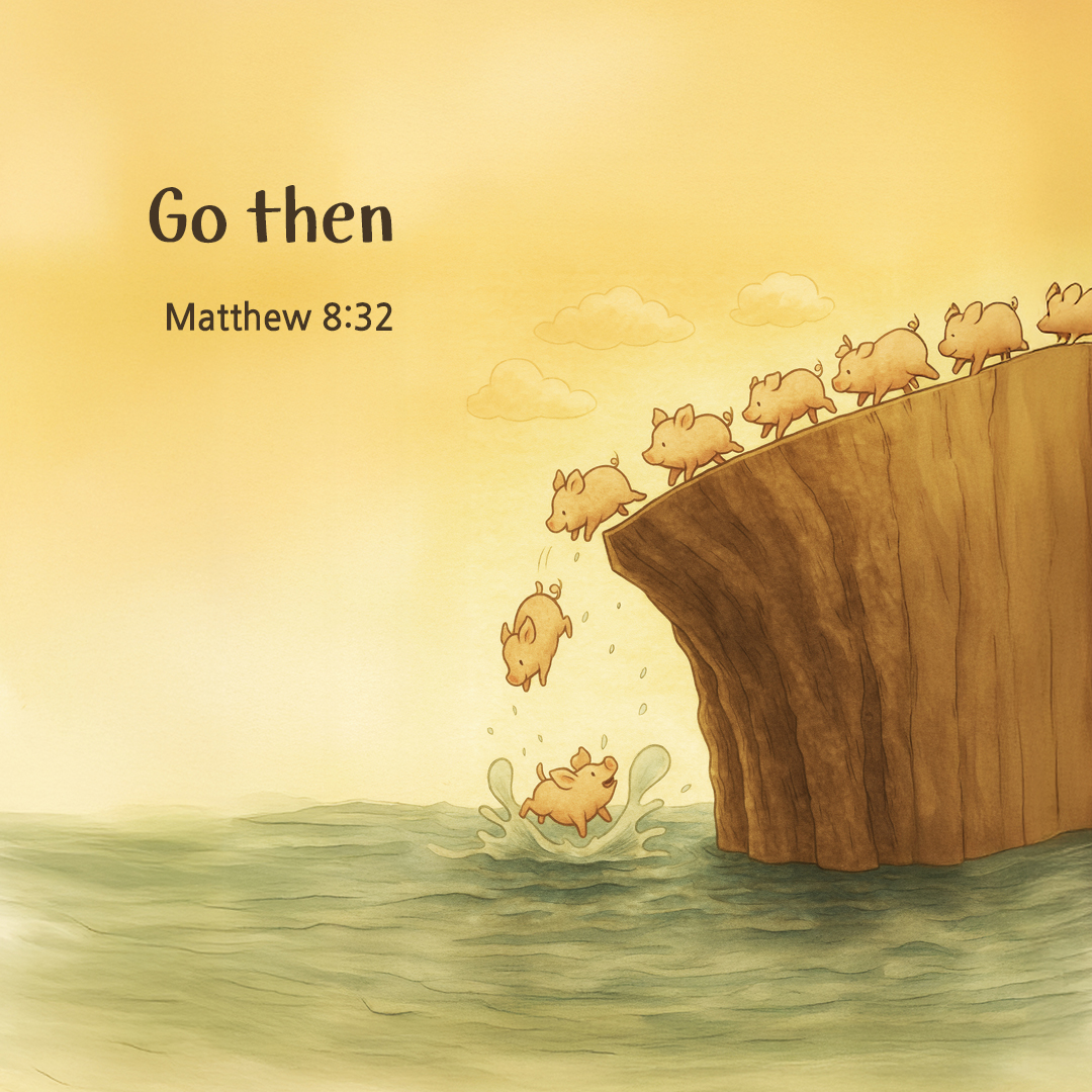 And he said to them, “Go then!” They came out and entered the swine. (Matthew 8:32) by pieonane Daily Bible quote image