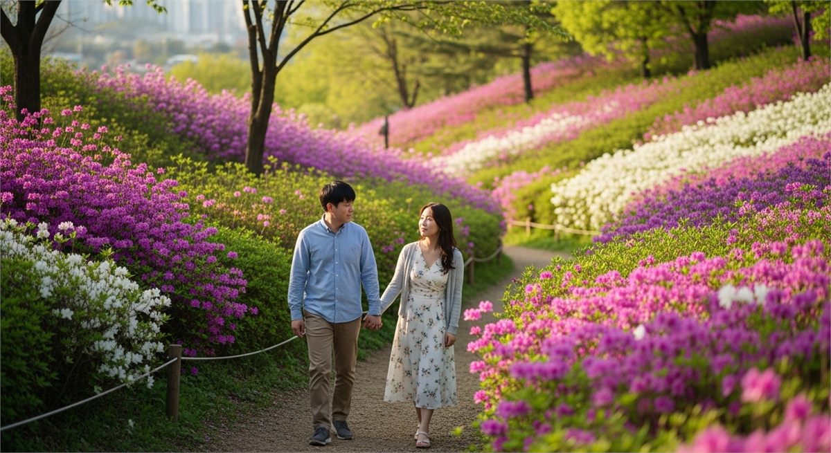 철쭉길을 천천히 걷는 방문객의 축제 분위기 