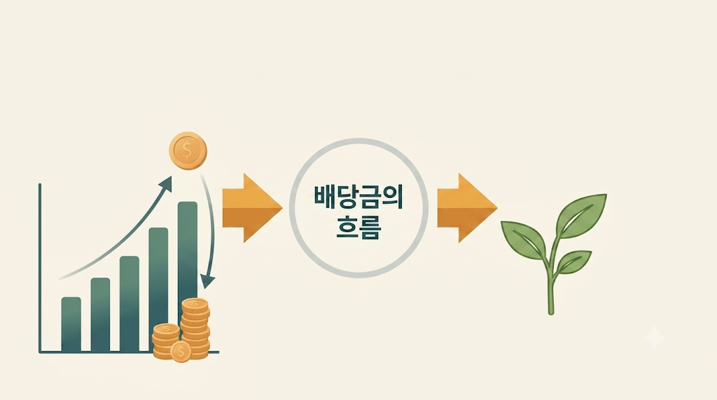 상승하는 막대그래프와 동전에서 배당금의 흐름을 거쳐 새싹으로 이어지는 일러스트