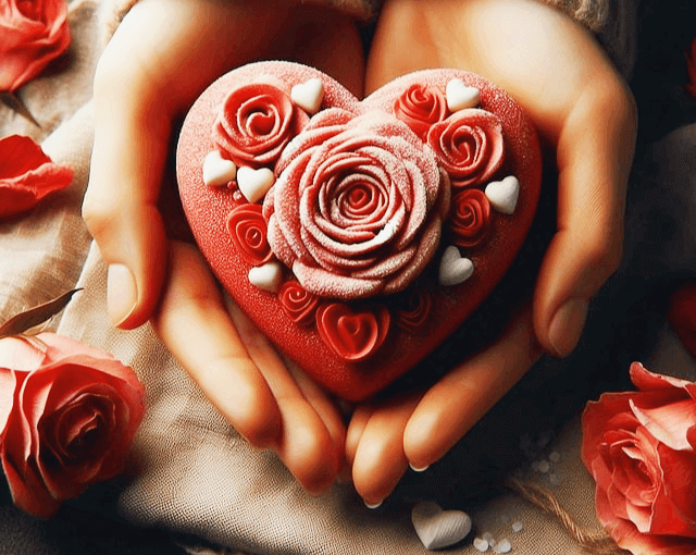 여자가 두 손 가득 분홍 하트를 품고 있다. 하트 위에는 분홍 장미꽃이 새겨졌다. 손 주변에는 주황색 장미꽃들이 있다.