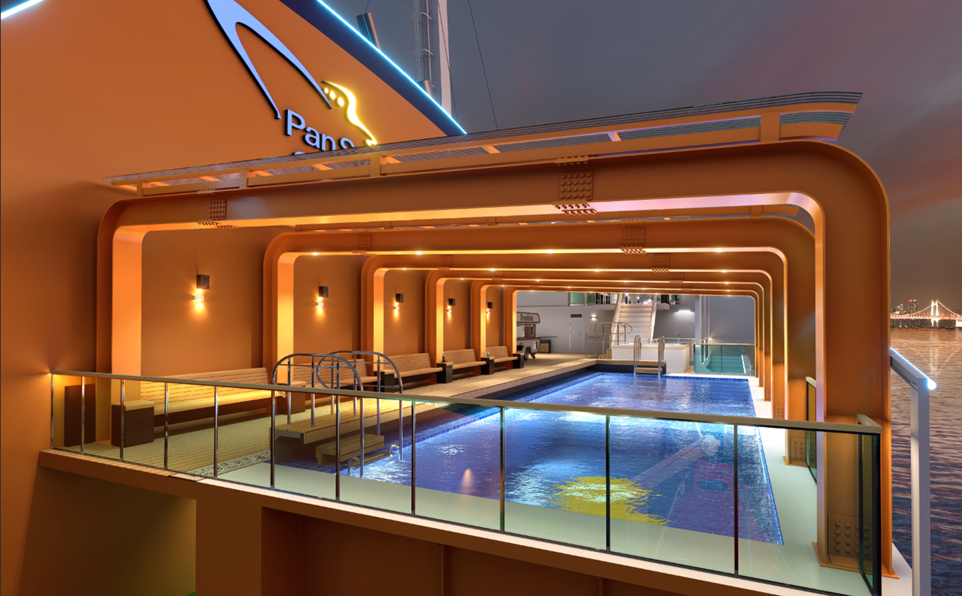 “팬스타미라클호의 야외 인피니티 풀 전경. 오렌지 톤의 구조물이 독특한 아치형으로 이어져 있으며, 수영장 양옆으로는 나무 벤치가 정렬되어 있다. 수영장 바닥에는 은은한 조명이 반사되고, 저녁 노을과 바다, 멀리 보이는 다리 야경이 어우러져 고급스러운 분위기를 연출한다.”