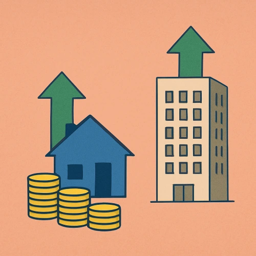 상승 화살표와 함께 있는 주택과 아파트 그림