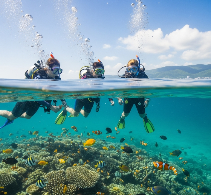 나트랑의 푸른 바다에서 스쿠버 다이빙 장비를 착용하고 바닷속으로 들어가는 사람들의 모습. 주변에는 다채로운 열대어들이 헤엄치고 있다