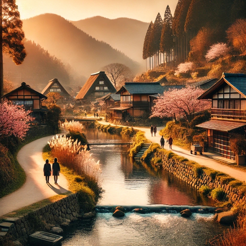 작은 강이 흐르는 조용한 시골 마을이 특징인 평화로운 여행지입니다. 벚꽃나무와 전통 가옥이 줄지어 있는 경치 좋은 길을 걷고 있는 사람들이 몇 명 있습니다