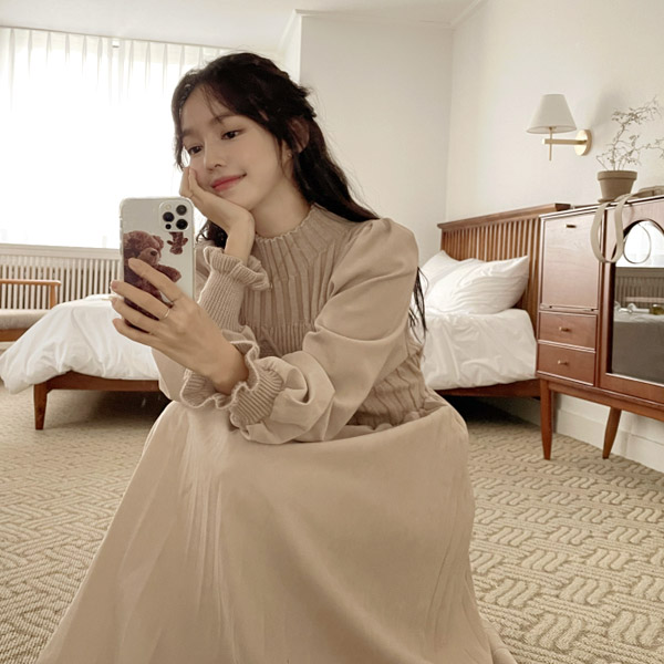 아뜨랑스 반목 니트 플리츠 롱원피스 op12864