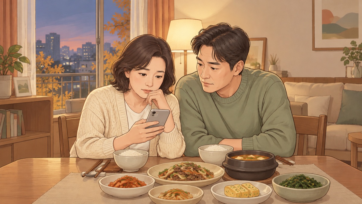 저녁 식탁에서 부부가 휴대폰으로 대출 이자 안내를 확인하는 모습