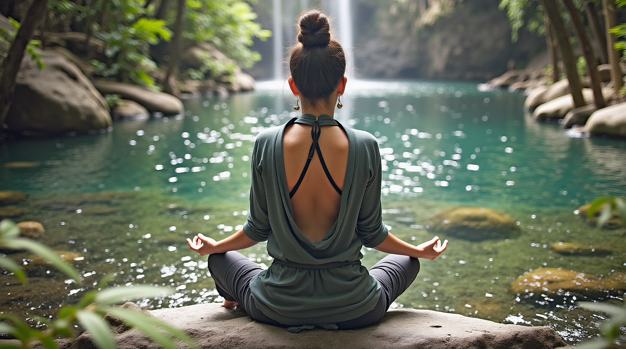 산속 물가에서 명상하는 여인