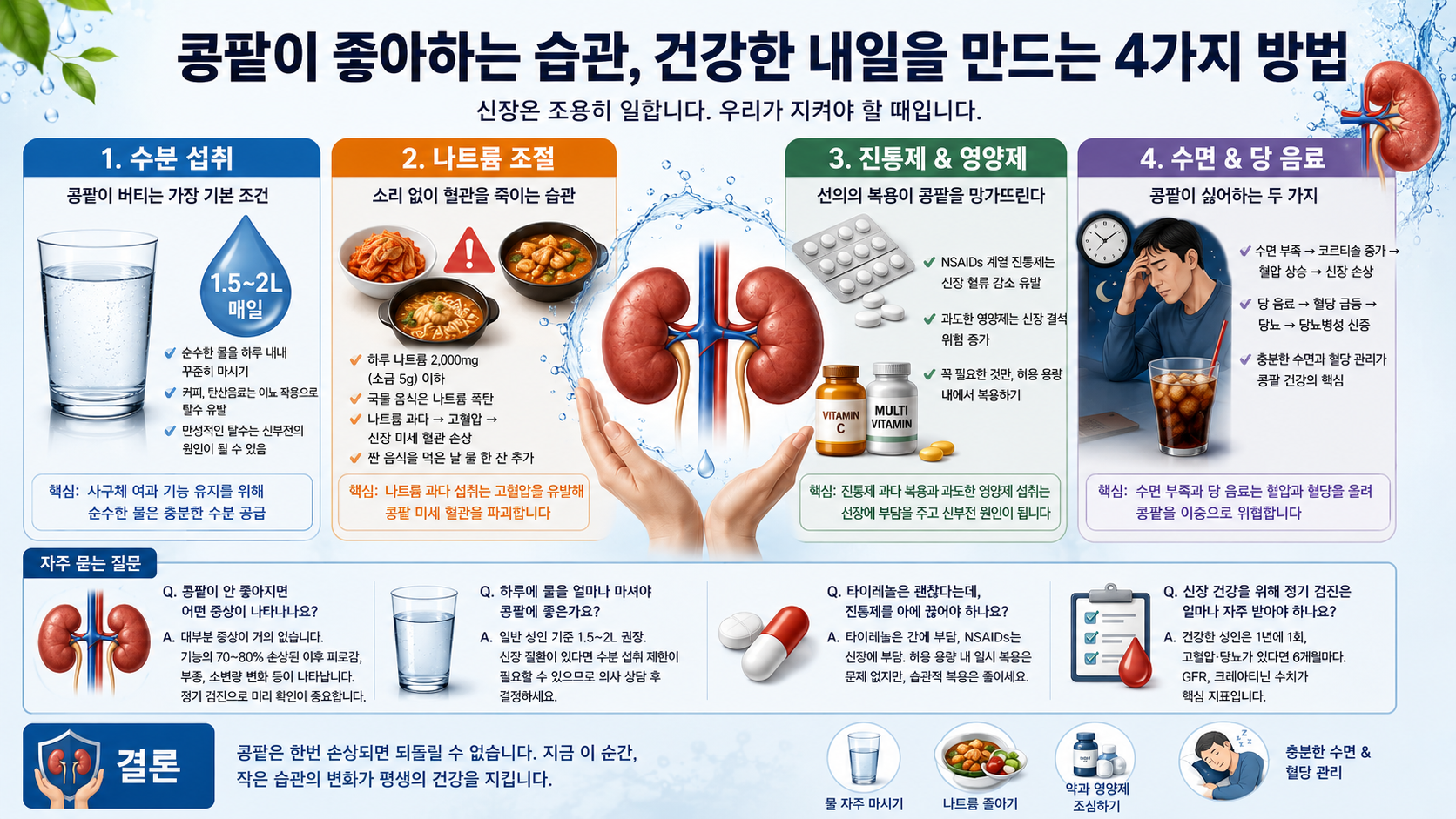 콩팥 건강을 지키는 수분 섭취, 나트륨 조절, 진통제와 영양제 주의, 충분한 수면과 당 음료 관리 방법을 정리한 신장 건강 인포그래픽
