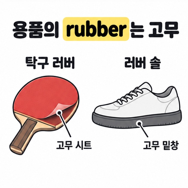 탁구 라켓의 들린 고무 시트와 운동화의 고무 밑창을 지시선으로 가리켜 용품에서 쓰이는 rubber를 설명한 그림