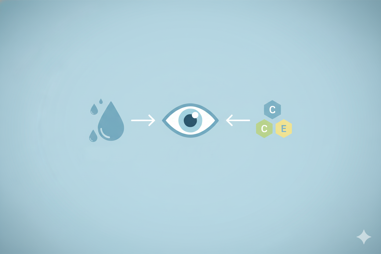 하늘색 배경 위에 물방울과 눈 아이콘, 비타민 C&middot;E를 상징하는 육각형 그래픽이 눈 건강과 수분, 항산화 케어 흐름을 보여주는 인포그래픽 이미지