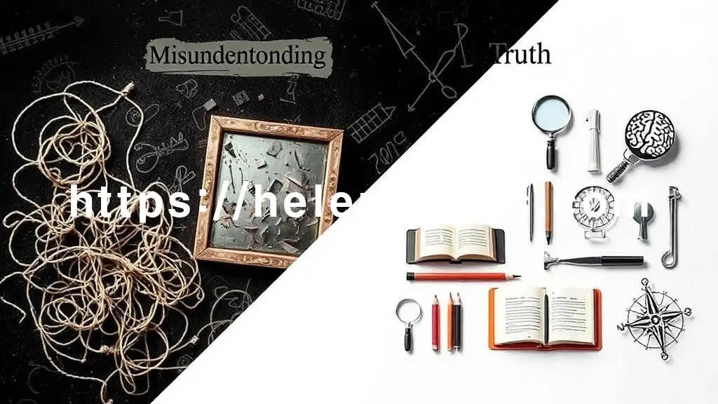 왼쪽(오해): 어둡거나 혼란스러운 톤으로, 물음표나 잘못된 길을 상징하는 아이콘들의 모습. 오른쪽(진실): 밝고 명료한 톤으로, 돋보기, 펼쳐진 책, 빛나는 뇌 모형, 정확한 나침반 등 진실과 지식, 명료함을 상징하는 아이콘들의 이미지.