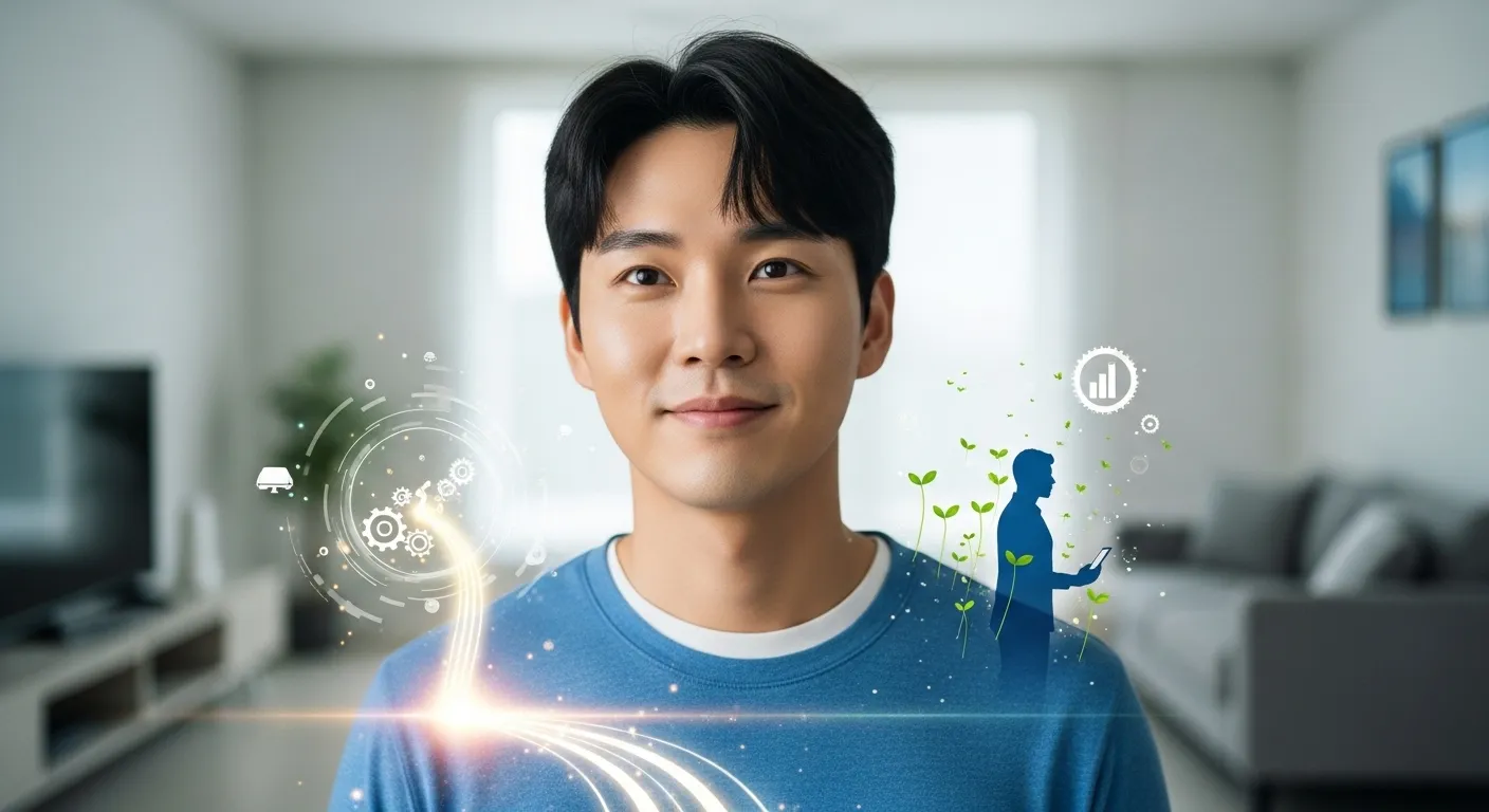 2026년 새해, 밝게 웃으며 미래를 바라보는 젊은 한국인 남성, 자기계발을 상징하는 추상적인 빛과 새싹이 주변에 함께 빛나고 있는 모습.