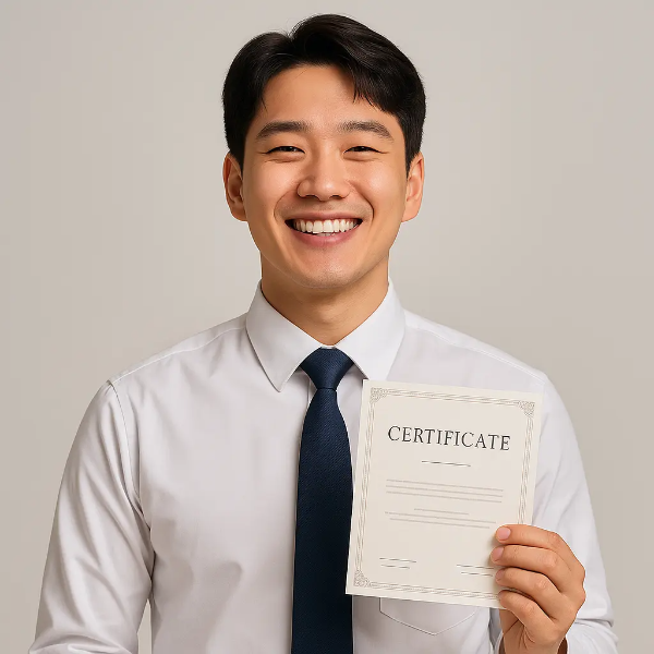자격증을 손에 들고 밝게 웃는 청년 남성의 텍스트 없는 인물 이미지