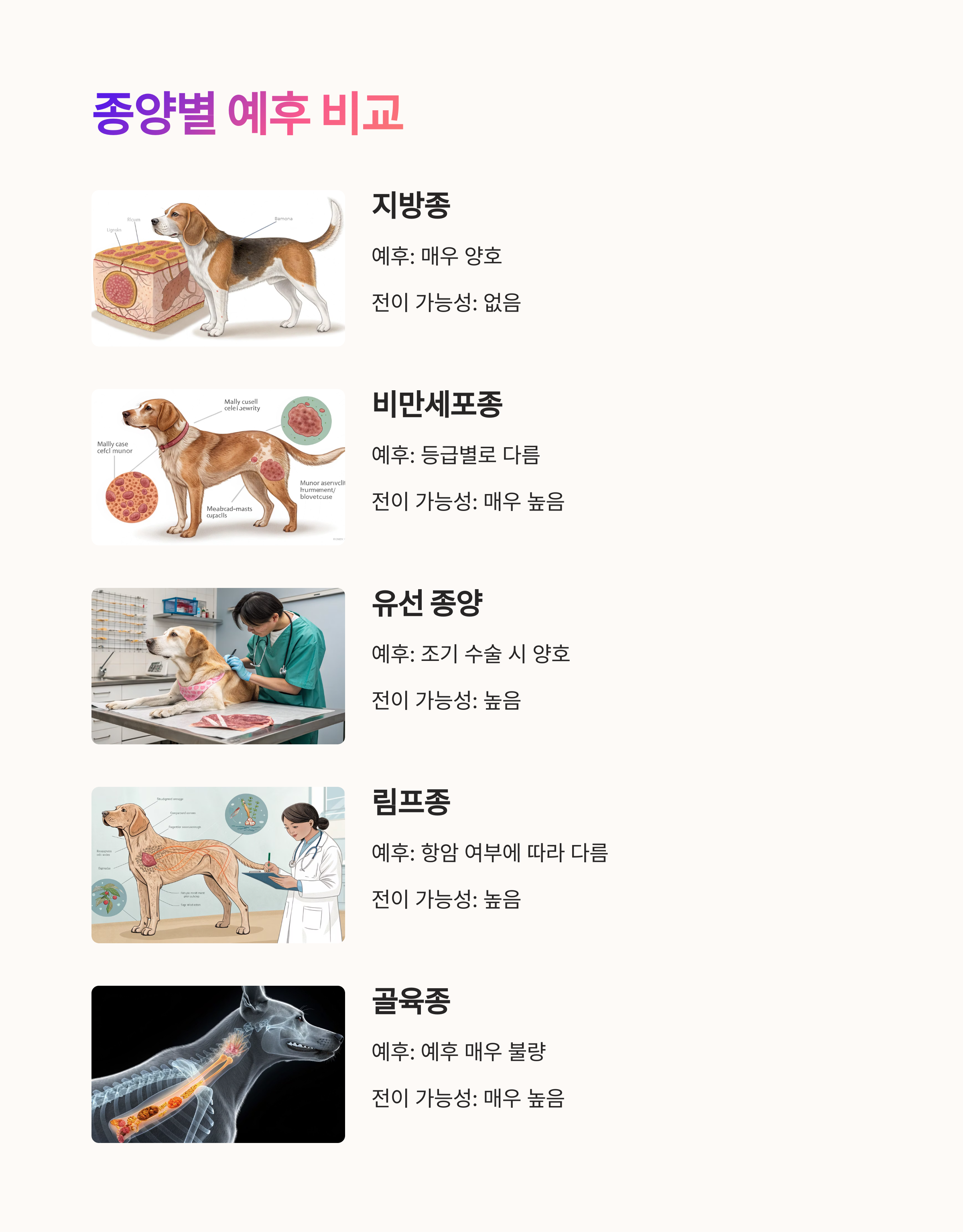 종양 종류 주요 증상 예후 전이 가능성