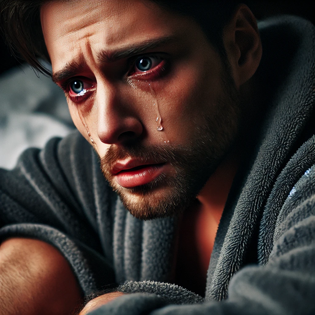 성관계 후, 침대에 기대어 까운을 입고 고통으로 눈물을 흘리고 있는 한 남자 모습입니다.