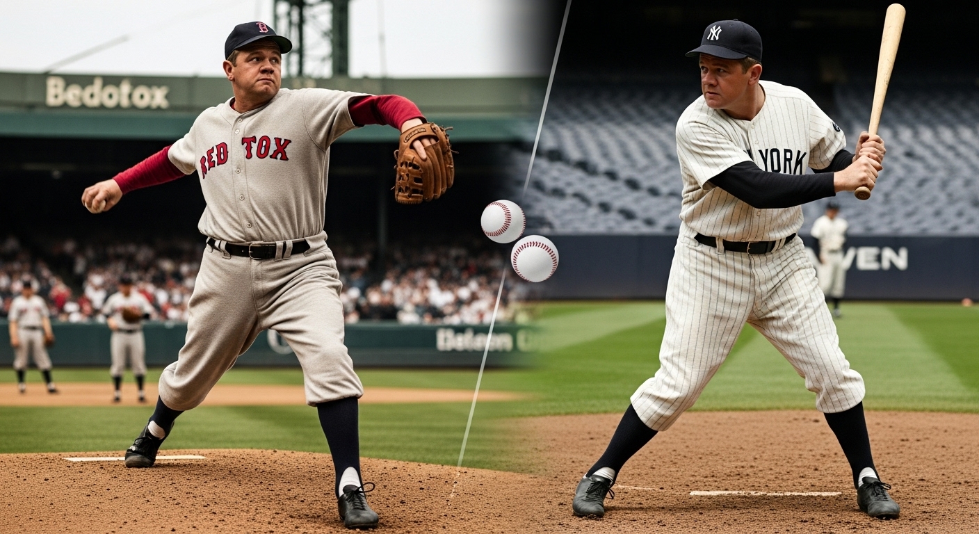 보스턴 레드삭스 투수 시절과 뉴욕 양키스 타자 시절의 베이브 루스를 함께 보여주는 이미지.