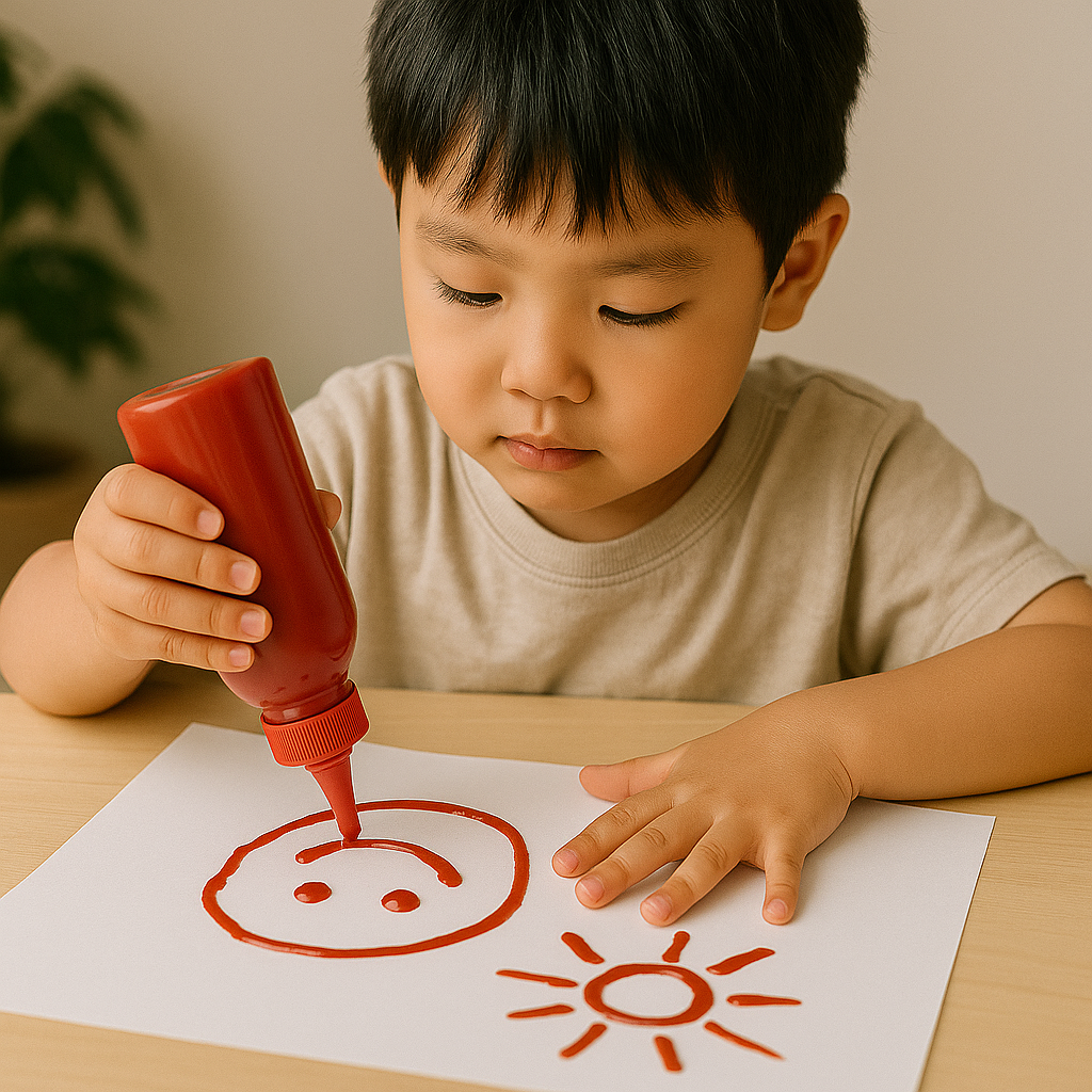 남자아이가 종이에 케첩으로 얼굴과 태양을 그리는 모습
