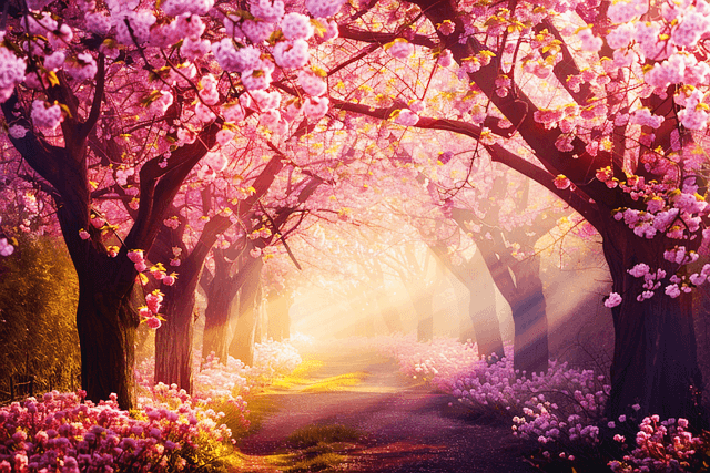 분홍꽃이 만발한 꽃나무들이 양쪽에 있고 그 사이로 숲길이 나 있다.